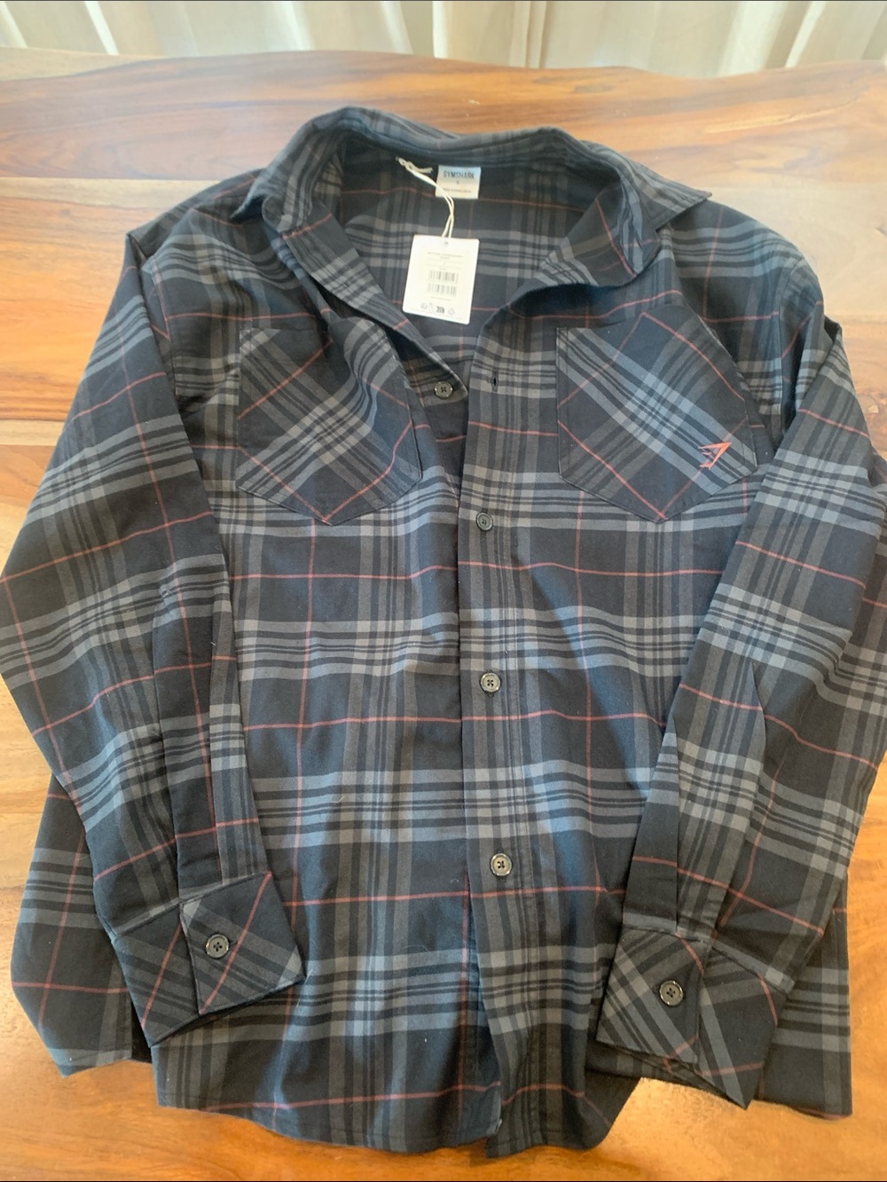 Gymshark Black and Gray Plaid Woven Shirt with Red Accent